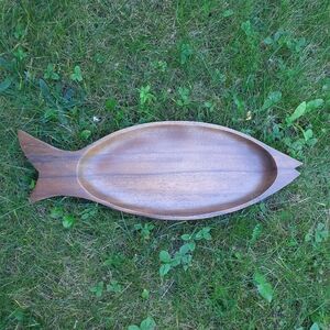 Vintage MCM dark wood fish shaped tray